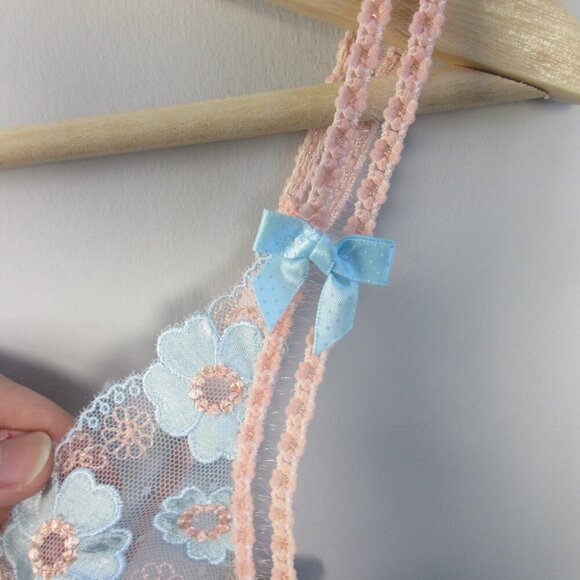 For Love & Lemons Aurora Underwire Bra XS Pink Blue Floral Applique Designer 38 - Picture 8 of 12